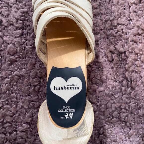 SWEDISH HASBEENS H&M WHITE LEATHER WOOD PLATFORMS - Picture 6 of 12